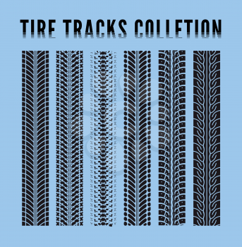 Tire tracks collection. Vector illustration blue background