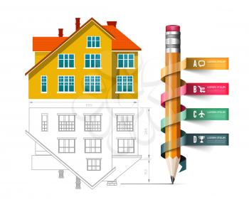 Home icon and drawing with a pencil. Vector infographics for real estate and construction