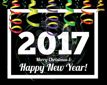 Happy New Year 2017 on a background of confetti and streamers. Vector illustration