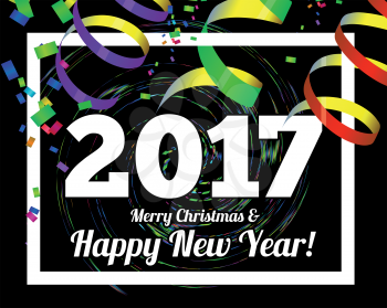 Happy New Year 2017 on a background of confetti and streamers. Vector illustration