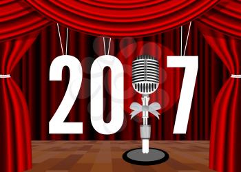 Happy New Year on the background of the stage with a microphone. Vector illustration