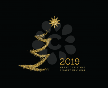 Silhouette of a Christmas tree in the form of gold sparkles on a black background. Vector illustration