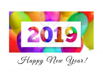 Happy New Year 2019 congratulation on the background of colored balls. The numbers are cut in paper. Vector close-up illustration on white