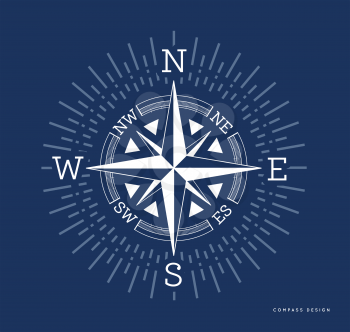 Compass illustration in flat style. Rose of the winds with starburst, sunburst ray elements. Vector on blue background