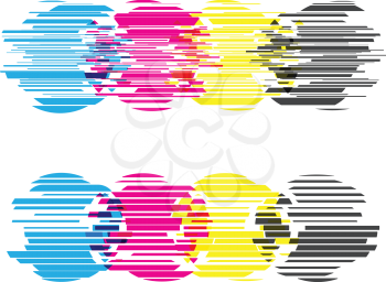 CMYK circles with glitch effects. Vector illustration on white background