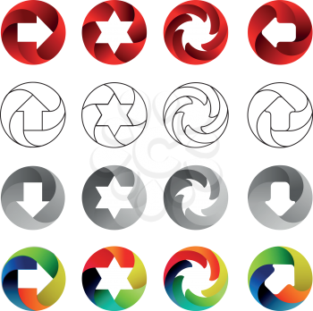 Set of signs, in the circular forms with the shadows inside. Arrows, stars, swirl in circle. Logo set, vector illustration on white