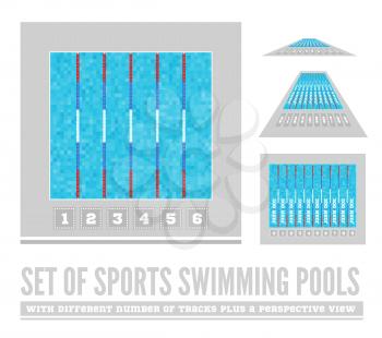 Set of sports swimming pools with different number of tracks plus a perspective view. Vector illustration
