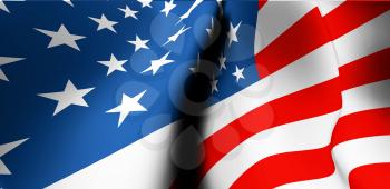 Waving USA flag close up. Wide angle view. American national symbol. Vector illustration