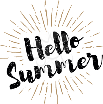 Hello summer lettering with sunbursts background. Vector illustration