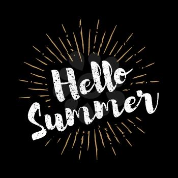 Hello summer lettering with sunbursts background. Vector illustration