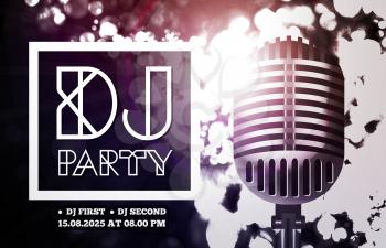 DJ disco party with microphone on bokeh background. Vector illustration