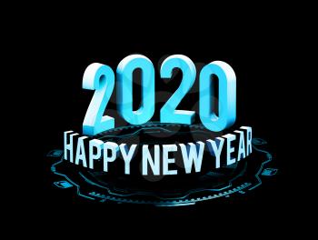 Congratulations on the New Year 2020 in technostyle. Rounded 3D text with HUD elements. Big data. Vector illustration on a black background.