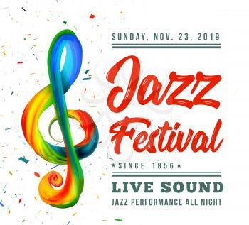 Jazz festival poster template with a treble clef and text on a white background. Vector illustration