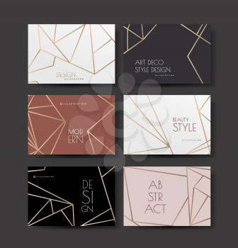 A series of designs with gold lines on a white, pink and dark background in art deco style. Wedding or fashionable style. Vector illustration