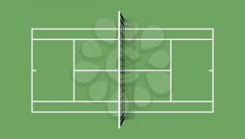Tennis court. Grass cover field. Top view vector illustration with grid and shadow on green background