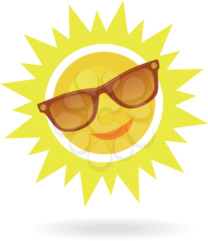 Cheerful, smiling cartoon sun in sunglasses on white background. Can be used as an concept to a solar eclipse. Vector illustration
