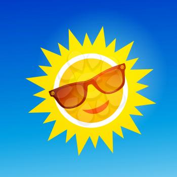 Cheerful, smiling cartoon sun in sunglasses on blue background. Vector illustration