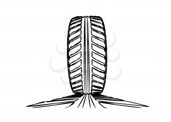 Car tire with tire marks on a white background. Vector stylized illustration for hand-drawn