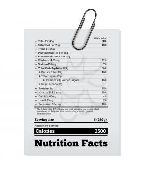 Nutrition facts label design with a paper clip. Vector illustration