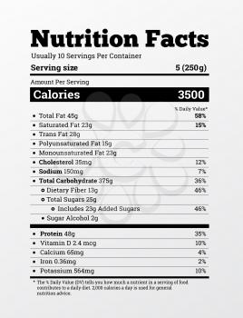 Nutrition facts label design vector illustration. Content of calories, vitamins, fats and other elements