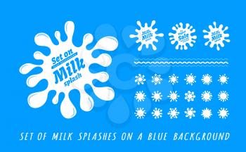 A set of milk splashes, spots, frames. Vector illustration on blue background