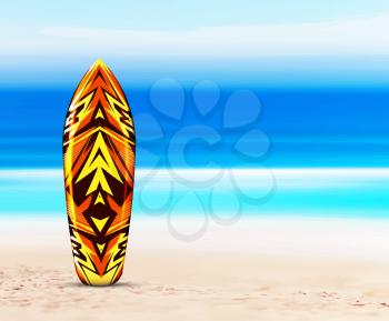 Board for the surfer on the beach, against the background of the sea or ocean. Vector illustration in a tropical style. Hawaiian design