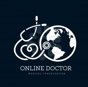 Sign in the form of a stethoscope in the shape of the heart and globe. Can be used as a logo for online medicine, telemedicine or earth day. Vector illustration
