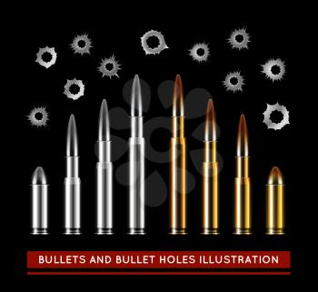 Bullets and bullet holes. Vector illustration on black background