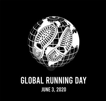 Global running day, 2020. Annual wellness event with globe and shoeprint. Vector illustration