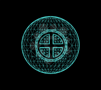 Planet Earth in the form of polygonal connected lines and a symbolic sign in the center. Vector 3d illustration on black