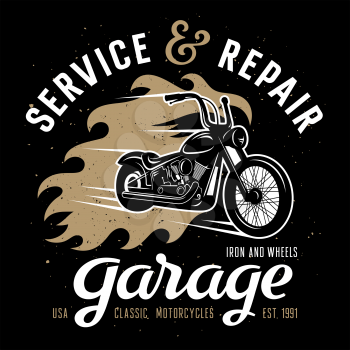 Classic chopper motorcycle with fire flame / T-shirt print graphics / Garage Service and Repair typography / Grunge texture on a separate layer