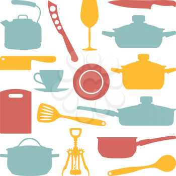 Kitchen utensils vector silhouettes in three colors