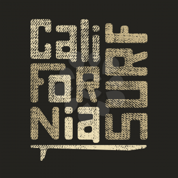 Surfing artwork. Lettering California surf with texture of denim. T-shirt apparel print graphics. Original graphic Tee