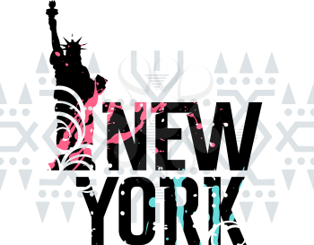 Lettering New York and Statue of Liberty with grunge effect, paint stains and ethnic tribal pattern. T shirt apparel fashion design