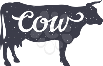 Grunge textured Cow silhouette with a calligraphic inscription Cow. Vector illustration