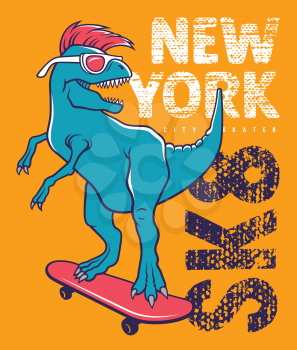 Dinosaur riding on skateboard. Vector illustration of a funny tyrannosaur with sunglasses. Skateboard typography for kids t-shirt. Tee graphics