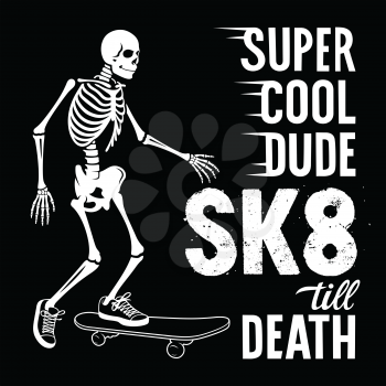 Skateboard t-shirt graphics. Skeleton riding on skateboard. Vector illustration. Skull Tee graphics