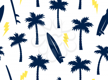 Summer seamless pattern with palm trees, surfboard and lightning. Surfing vector print. Hand drawn vector illustration on the theme of surfing and summer vacation