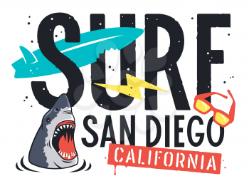 Surfing artwork for t-shirt design. San Diego California surf typography. Vector illustration of an angry shark, sunglasses, surfboard and lightning on the theme of surfing and summer rest