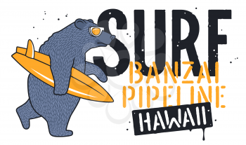 Bear with Sunglasses and Surfboard for T-shirt Design. Surfing Graphic Te. Funny illustration on the theme of surfing and summer vacation
