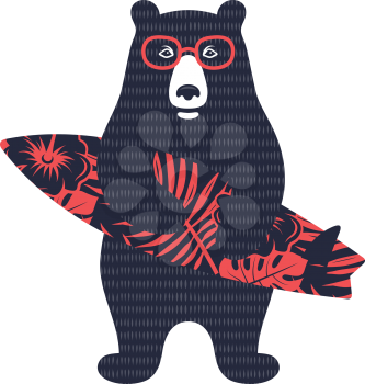 Bear surfer vector illustration for kids t-shirt. Surfing graphic tee, printed tee