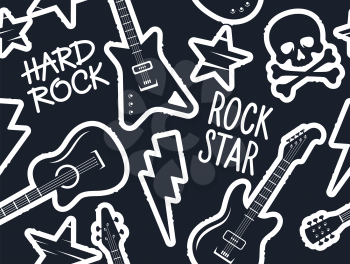 Trendy musical seamless pattern with guitars, skull and crossbones and other rock music symbols for teenage clothes design. Seamless rock music background