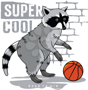 Raccoon vector illustration and cool slogan for t shirt design.  Raccoon playing basketball. Athletic graphic tee