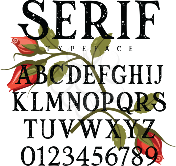 Grunge textured serif font. Handmade vector alphabet with red roses as decoration. Use for t-shirt design, posters and other uses