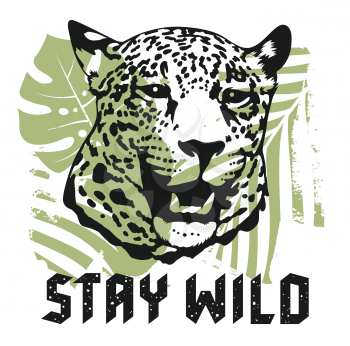 Stay Wild vintage t-shirt design. Vector illustration with leopard, tropical plants and motivational and inspirational quote. Graphic Tee