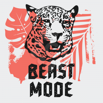 T-shirt design with leopard head, tropical plants and Beast Mode slogan. Graphic Tee