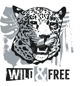 Wild and Free t shirt apparel design. Vector illustration with leopard, tropical plants and motivational and inspirational quote. Graphic Tee