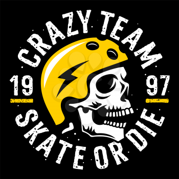 Skull in a skateboarder helmet vector illustration for t shirt printing. T-shirt print design on the theme of skateboarding. Sport typography