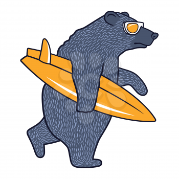 Bear with Sunglasses and Surfboard for child t-shirt. Surfing Graphic Tee for kids. Funny illustration on the theme of surfing and summer vacation