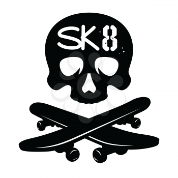 Trendy t-shirt design on the topic of skateboarding. Vector illustration with a skull and skateboards